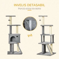 PawHut Albero Tiragraffi Multilivello con Casetta, Scala, Pallina e Pali in Sisal, 48x48x125 cm, Grigio(m-6)