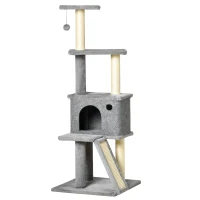 PawHut Albero Tiragraffi Multilivello con Casetta, Scala, Pallina e Pali in Sisal, 48x48x125 cm, Grigio(m-12)