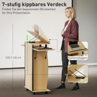 HOMCOM Rollbarer Podiumsständer, Redepult mit klappbaren Seitenflügeln, Laptop-Tisch mit Schublade und Regalen, Eichenoptik(m-5)