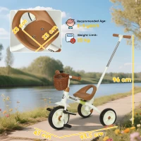 AIYAPLAY 2-In-1 Toddler Trike for 2-5 Years Old, 3 Wheel Bike with Adjustable Parent Handle, Basket for Boys and Girls, White(m-3)