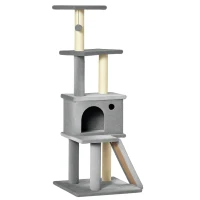 PawHut Albero Tiragraffi Multilivello con Casetta, Scala, Pallina e Pali in Sisal, 48x48x125 cm, Grigio(m-11)