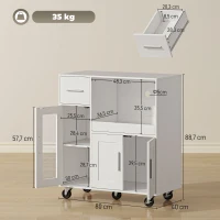 HOMCOM Armário de Cozinha com Rodízios Cómoda Móvel com Prateleiras Gavetas Prateleira Ajustável Orifício para Cabo Branco(m-3)