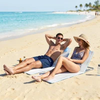 Outsunny Set of 2 Foldable Garden Beach Chair Mat, Lightweight Outdoor Sun Lounger Seats with Adjustable Back, Metal Frame, PE Fabric Head Pillow and Carry Bag, Cream White(m-2)