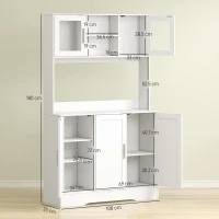 HOMCOM Servantă de Bucătărie înaltă de 180 cm, Dulap Dispensa cu 4 Dulapuri, Uși din Sticlă Securizată, 2 Rafturi Deschise, Rafturi Reglabile, Blat pentru Cuptorul cu Microunde, pentru Sala de Prânz sau Living, Alb(m-3)