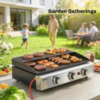 Outsunny 3 Burner Grill Griddle, Portable Gas Plancha with Warming Rack, 7.5 kW, Tabletop Gas BBQ with Grease Cup, Black(m-9)