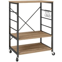 HOMCOM Scaffale da Cucina a 3 Livelli Stile Industriale con Ruote e 4 Ganci, Struttura in Acciaio, 60x40x84 cm, Teak(m-1)