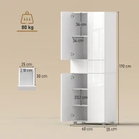 HOMCOM Dispensa Cucina con 4 Ante, 3 Ripiani Regolabili e Mensole a 5 Livelli in MDF e Truciolato, 60x35x170 cm, Bianco(m-3)