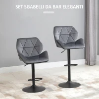 HOMCOM Set di 2 Sgabelli da Bar Alti in Velluto Imbottiti con Altezza Regolabile, Sgabelli Cucina Girevoli con Schienale e Poggiapiedi, Grigio(m-4)