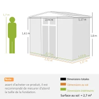Outsunny Abrigo de Jardim em Metal 2,7 m² com Janela 4 Aberturas e Porta com Fechadura 246x117x180 cm Cinza(m-3)