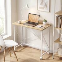 HOMCOM Klappbarer Schreibtisch mit Rädern, platzsparend, Stahl, MDF, Natur(m-2)