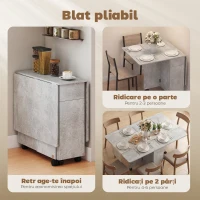 HOMCOM Masă de Bucătărie Pliabilă pe Roți cu 2 Sertare, 2 Uși și Dulap, din Lemn, 140x76x74 cm, Gri Ciment(m-5)