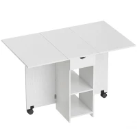 HOMCOM Mesa de Cocina Plegable con Ruedas Alas Abatibles Cajón y Estantes para 2-4 Personas 120x72x75 cm Blanco(m-1)