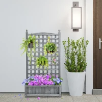 Outsunny Garden Planters with Trellis for Climbing Vines, Wood Raised Beds for Garden, Flower Pot, Indoor Outdoor, Grey(m-10)