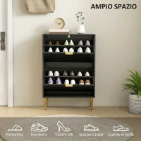 HOMCOM Scarpiera Slim per 12 Paia di Scarpe con 2 Cassetti a Ribalta e Ripiani Regolabili, 60x24x91.5 cm, Nero(m-5)