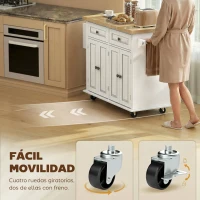 HOMCOM Isla de Cocina con Ruedas Mueble Auxiliar de Cocina con Especiero y Barra Lateral 111x44,5x82,5 cm Blanco(m-7)