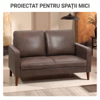 HOMCOM Canapea modernă cu 2 locuri, tapițerie din material textil cu aspect de piele respirabilă și picioare din lemn, 130x78x85 cm, maro închis(m-6)