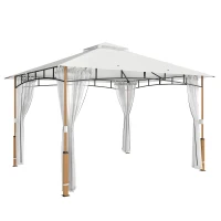 Outsunny Carpa para Jardín con Techo Doble Cenador con Paredes de Malla UPF50+ para Exterior Terraza 360x300x275 cm Crema y Teca(m-1)