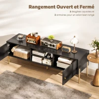 HOMCOM Meuble TV pour Télévision jusqu'à 65", Portes Cannelées, Compartiments Ouverts, Pieds Acier, 140 x 38 x 45,9 cm, Noir(m-5)