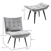 HOMCOM Accent Chair with Footstool Set, Tufted Upholstered Armless Lounge Chair with Pillow and Steel Legs for Living Room, Bedroom, Grey(m-13)