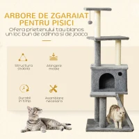 PawHut Albero Tiragraffi Multilivello con Casetta, Scala, Pallina e Pali in Sisal, 48x48x125 cm, Grigio(m-4)
