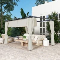 Outsunny Pergola 3 x 3 m avec Auvent Rétractable et Rideaux, Abri de Soleil UPF30+ pour Jardin, Terrasse, Extérieur(m-9)