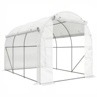 Outsunny Serre de jardin 6 m² dim. 3 x 2 m avec 1 porte + 2 parois latérales zippées enroulables, 6 fenêtres, Blanc(m-1)