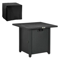 Outsunny Rattan-style Propane Gas Fire Pit Table with 40,000 BTU Burner, Square Smokeless Firepit Patio Heater with Thermocouple, Lava Rocks, Waterproof Cover, Spark Guard and Lid, Black(m-10)
