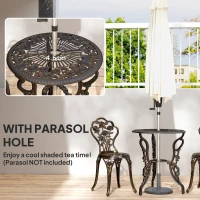 Outsunny Garden Bistro Set with Umbrella Hole, 3 Piece Cast Aluminium Garden Furniture Set, Antique Floral Round Coffee Table and Chairs, Small Balcony Furniture for Outdoor, Patio, Brown Tone(m-4)