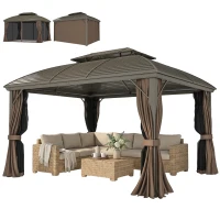 Outsunny 3.65 x 3(m) Hardtop Steel Gazebo Canopy with Aluminium Frame, Double Roof, Net Sidewalls and Curtains, Coffee(m-12)
