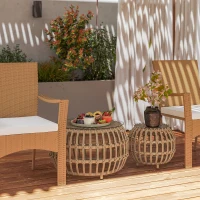 Outsunny 2er Set Beistelltisch Polyrattan Ø66/42 cm rund wetterfest Gartentisch mit Glasplatte Braun(m-10)