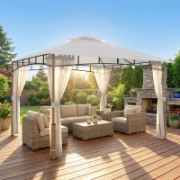Outsunny Carpa para Jardín con Techo Doble Cenador con Paredes de Malla UPF50+ para Exterior Terraza 360x300x275 cm Crema y Teca(m-10)