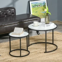 HOMCOM Juego de 2 Mesas Auxiliares Redondas Apilables Mesas Nidos con Encimera en Efecto de Mármol Ø60x46 cm y Ø40x40 cm Blanco(m-10)