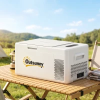 Outsunny 16,8 Liter Camping-Kühlschrank, Autokühlschrank, Kühlbox mit LED Anzeige, AC- und DC-Adapter, leiser Betrieb, Cremeweiß(m-9)