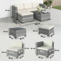 Outsunny Polyrattan Gartenmöbel Set 5-teilig, Lounge Set mit Ecksofa Hocker Tisch Sitz- & Rückenkissen Grau+Cremeweiß(m-3)