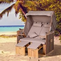Outsunny Corbeille de plage 2 places - Cabine chaise de plage inclinable - abri plage strandkorb - coussins, repose-pieds, tablettes, pare-soleil - bois résine tressée polyester taupe(m-2)