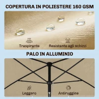 Outsunny Ombrellone da Giardino Rettangolare e Regolabile con Palo in Alluminio, 2x1.3x2.5 m, Beige(m-4)
