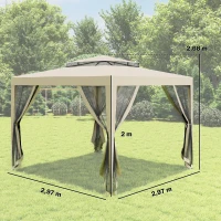 Outsunny Carpa de Jardín 3x3 m Cenador Gazebo con 4 Mosquiteras Laterales Techo Doble 8 Orificios de Drenaje Marco de Metal Beige(m-3)