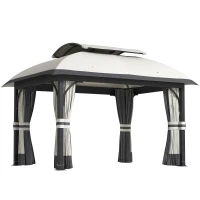 Outsunny Gartenpavillon, 3,3 x 4 m Gartenzelt mit Netz-Vorhängen, zweistufiges Dach, Kunstleder-Bezug, Metallrahmen, Hellgrau(m-12)