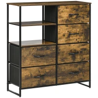 HOMCOM Kommode mit sechs Schubladen, offene Regale, MDF und Stahl, 84x30x92 cm, Braun/Schwarz, verstellbare Füße(m-1)