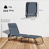 Outsunny Bain de Soleil transat Pliable Dossier inclinable Multi-Positions Acier thermoplastique Lacets élastiques Noir(m-3)