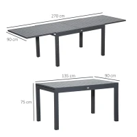 Outsunny Extendable Garden Table 135-270cm x 90cm x 75cm, 10 Seater Outdoor Dining Table with Aluminium Frame for Lawn, Balcony and Backyard, Grey(m-3)