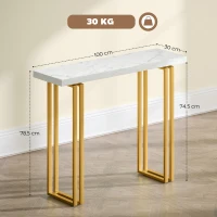 HOMCOM Table console, table d'entrée, avec plateau imitation marbre, structure en acier, 100 x 30 x 78,5 cm, blanc et or(m-3)