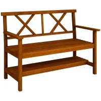 Outsunny Bancă din Lemn, Bancă cu 2 Locuri de Exterior cu Raft de Depozitare, Spătar, Cotiere și Scaun, 125x58x88 cm, Carbonizat(m-11)