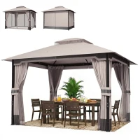 Outsunny Gazebo da Giardino 3x3.6 m con Doppio Tetto, Tende e Zanzariera, in Metallo e Poliestere Cachi(m-11)
