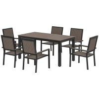 Outsunny 6 Seater Garden Dining Set with Stackable Chairs, Aluminium Frame, Rectangular Plastic Top, Garden Furniture Set, Outdoor Dining Table and Chairs for Patio, Balcony, Poolside, Brown(m-11)