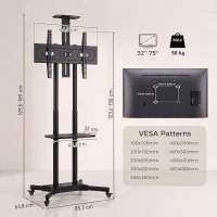 HOMCOM Stojak TV na kółkach do telewizorów 81,3–190,5 cm Regulowany stojak TV z 2 półkami, metal, max. VESA 400x600mm(m-3)