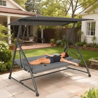 Outsunny Outdoor 2-in-1 Swing Chair Lounger 3 Seater Garden Swing Seat Bed Convertible Tilt Canopy W/ Cushion, Dark Grey(m-9)