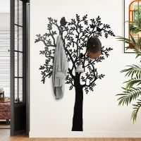 HOMCOM Wandgarderobe, Wandmontierter Mantelhaken, Baumdesign mit Vögeln, Schwarz(m-10)
