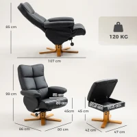 HOMCOM PU Leather Swivel Recliner Chair with Footstool, Wooden Base and Storage for Living Room, Black(m-3)