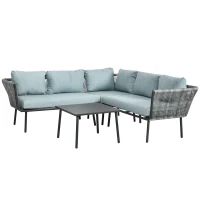 Outsunny Set da Giardino 4 Pezzi in Rattan con Tavolino da Caffè, 2 Divani ad Angolo e Poltroncina, Nero Grigio e Blu(m-11)